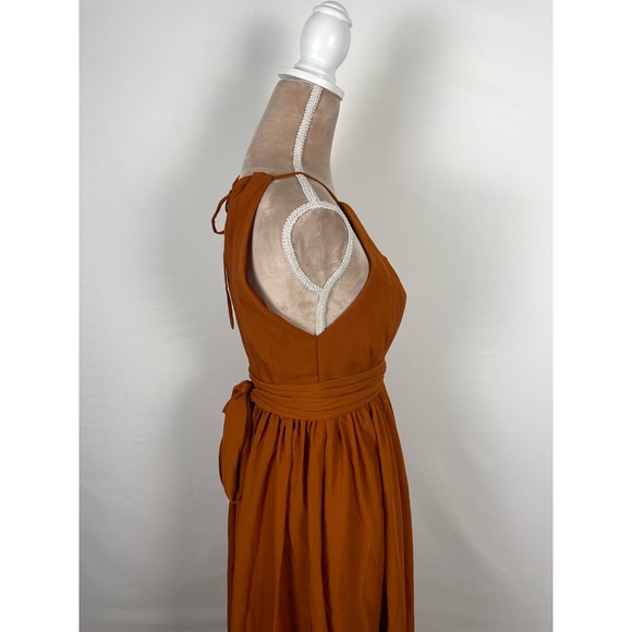 SOLD High Neck Chiffon Long Bridesmaid Dress Burnt Orange Chiffon Waist Tie - Picture 4 of 12